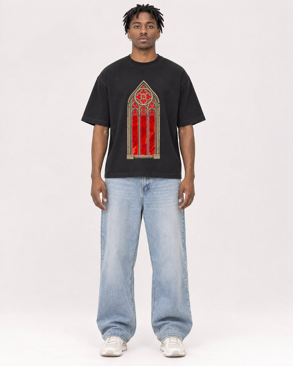 Mockup Boxy Heavyweight Tee Black male full-body 05