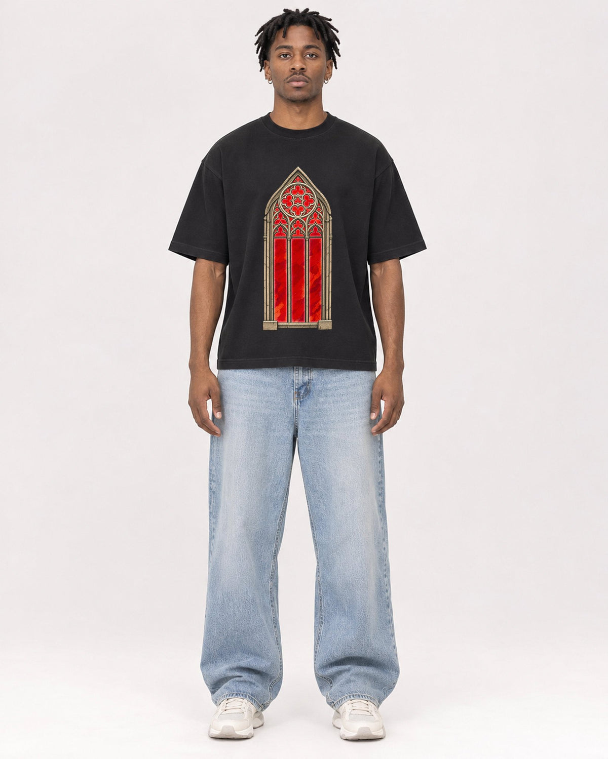Mockup Boxy Heavyweight Tee Black male full-body 05