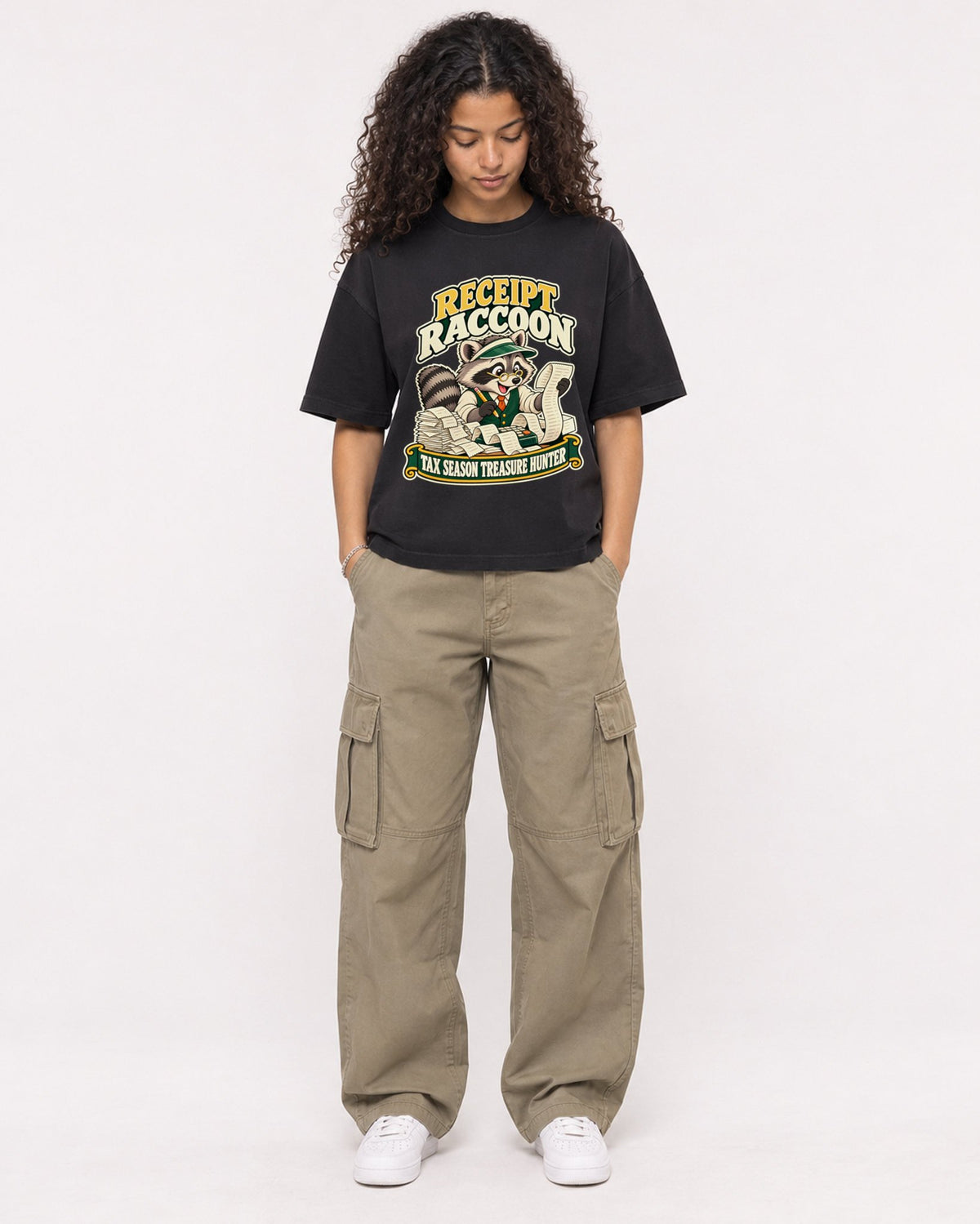 Mockup Boxy Heavyweight Tee Black female full-body 10