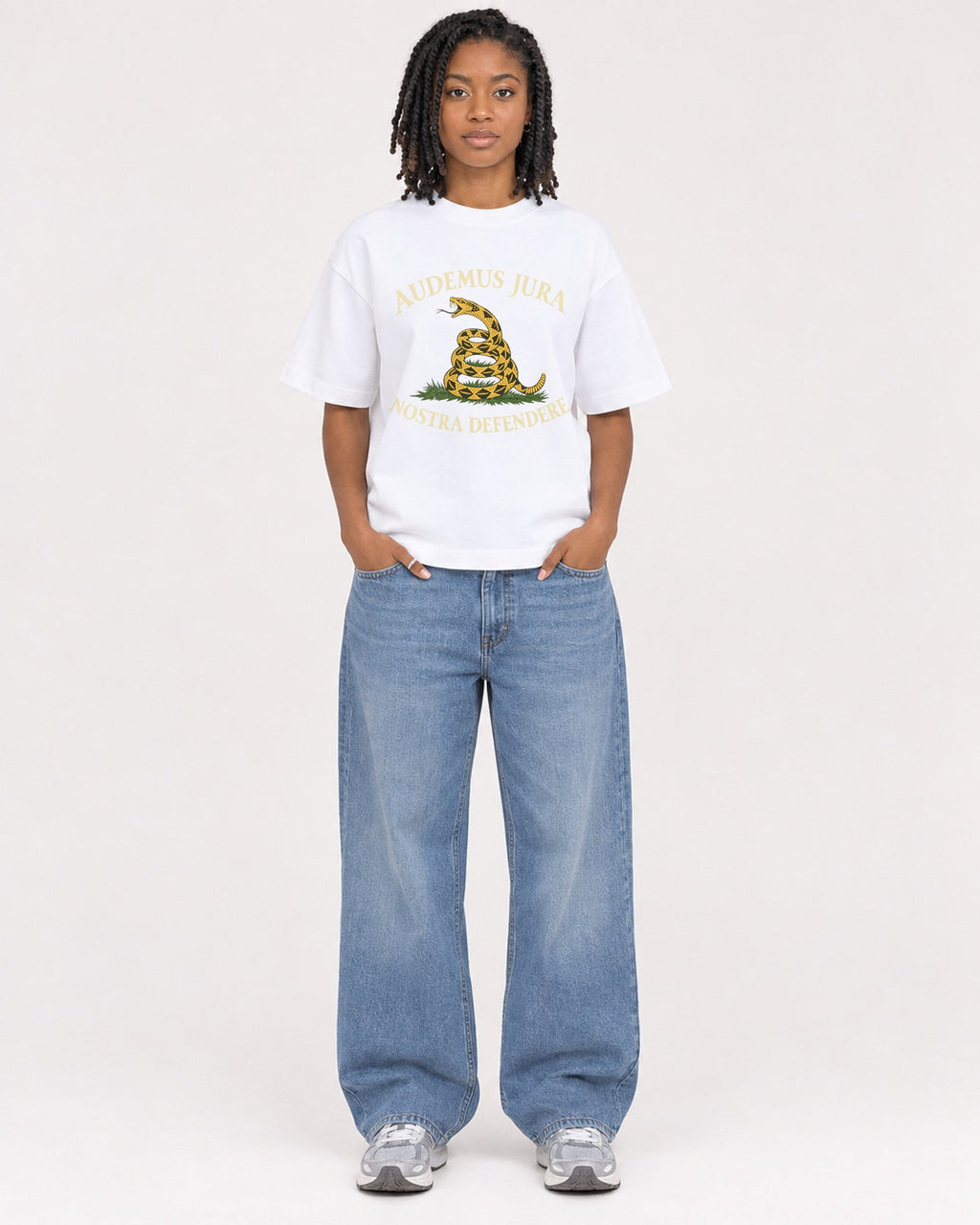 Mockup Boxy Heavyweight Tee White female full-body 15