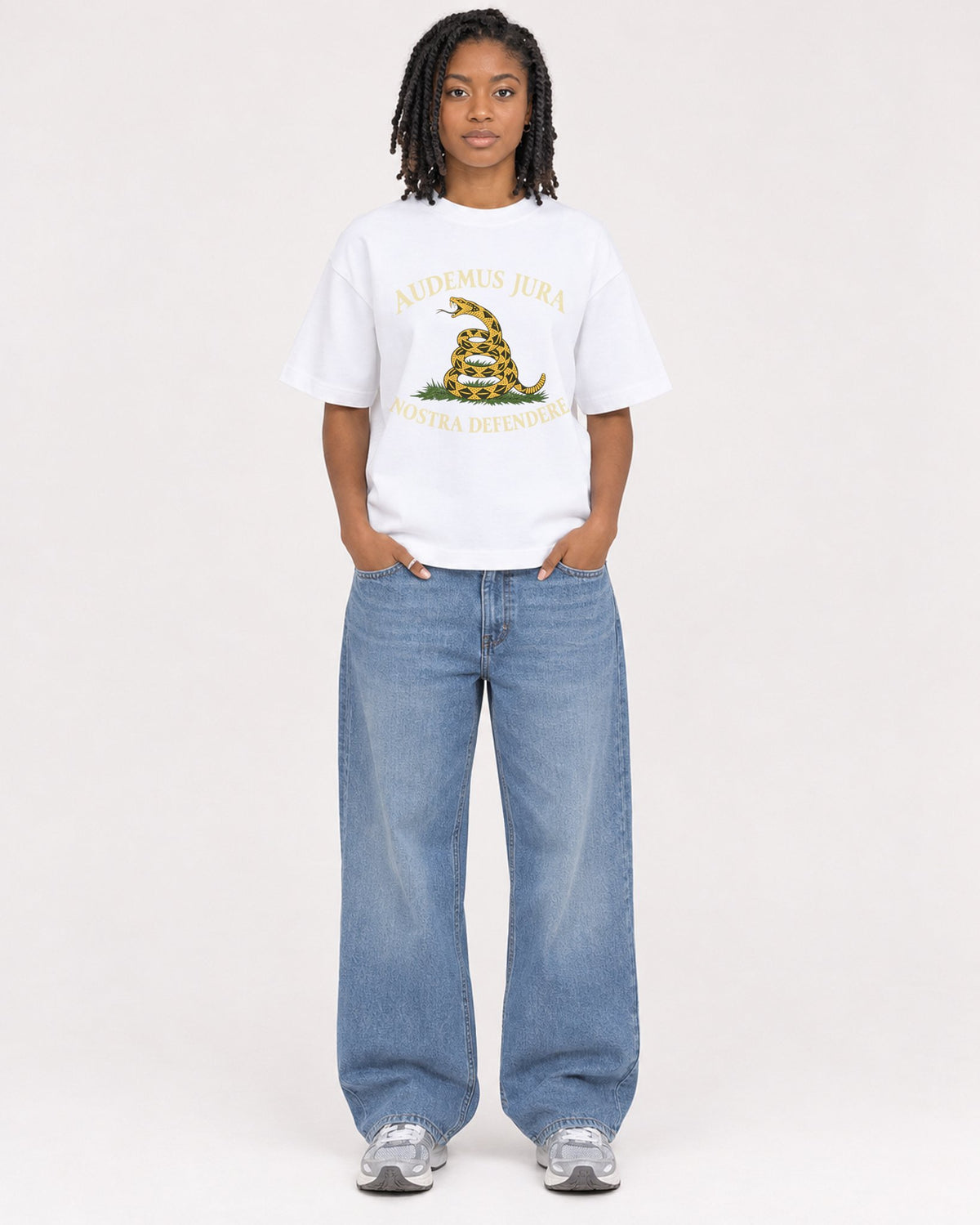 Mockup Boxy Heavyweight Tee White female full-body 15