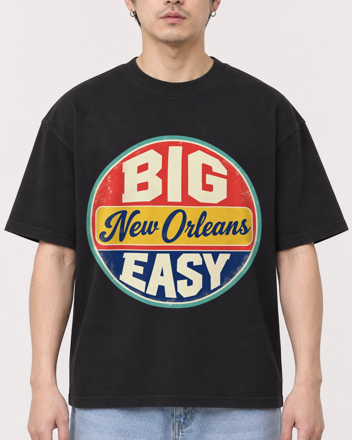 Mockup Boxy Heavyweight Tee Black male close-up 13