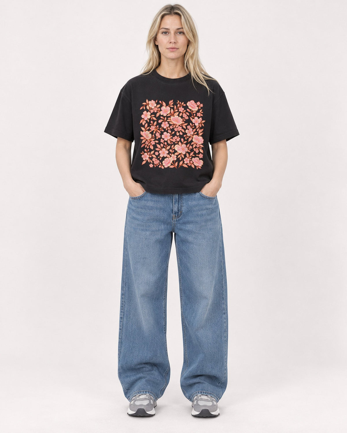 Mockup Boxy Heavyweight Tee Black female full-body 08