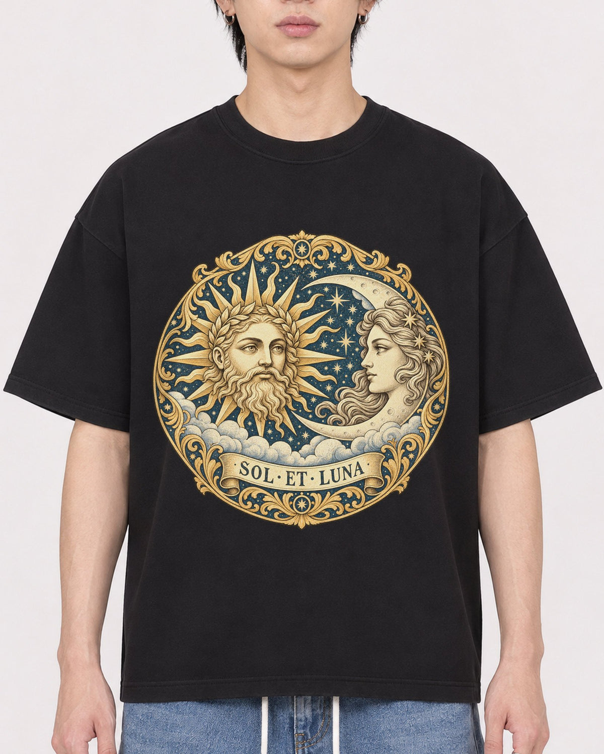 Mockup Boxy Heavyweight Tee Black male close-up 11