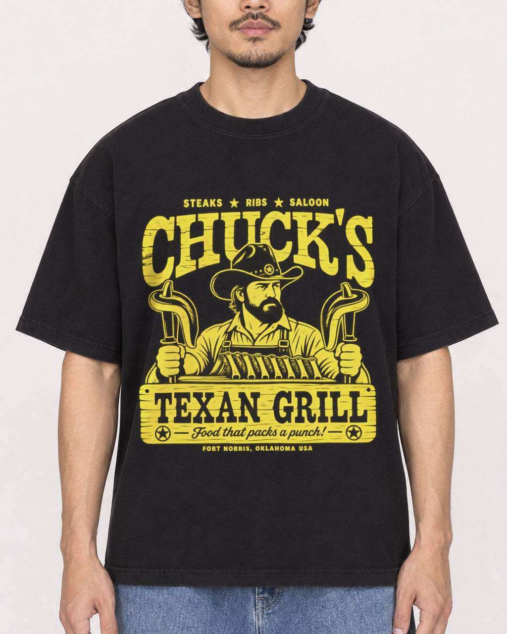 Mockup Boxy Heavyweight Tee Black male close-up 02