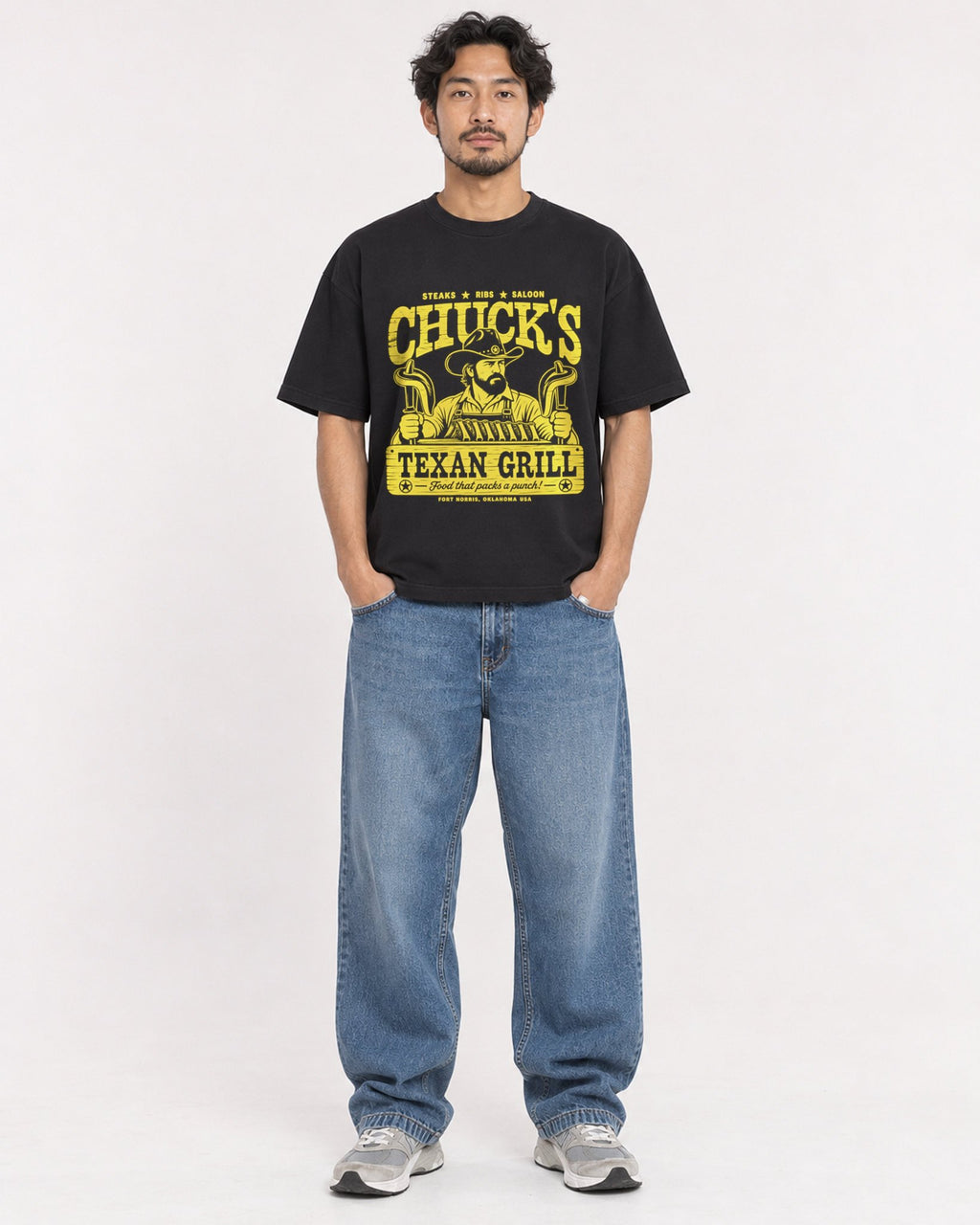 Mockup Boxy Heavyweight Tee Black male full-body 02