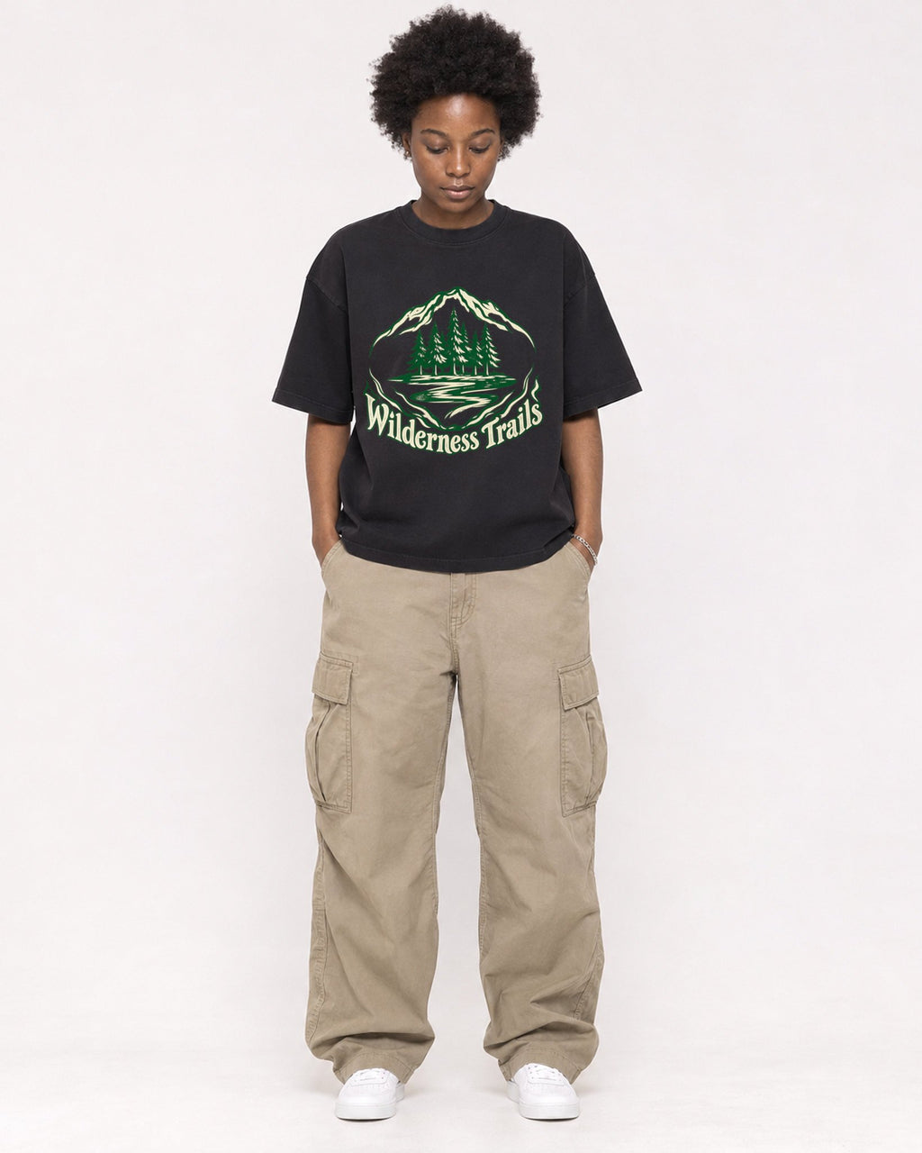 Mockup Boxy Heavyweight Tee Black female full-body 14
