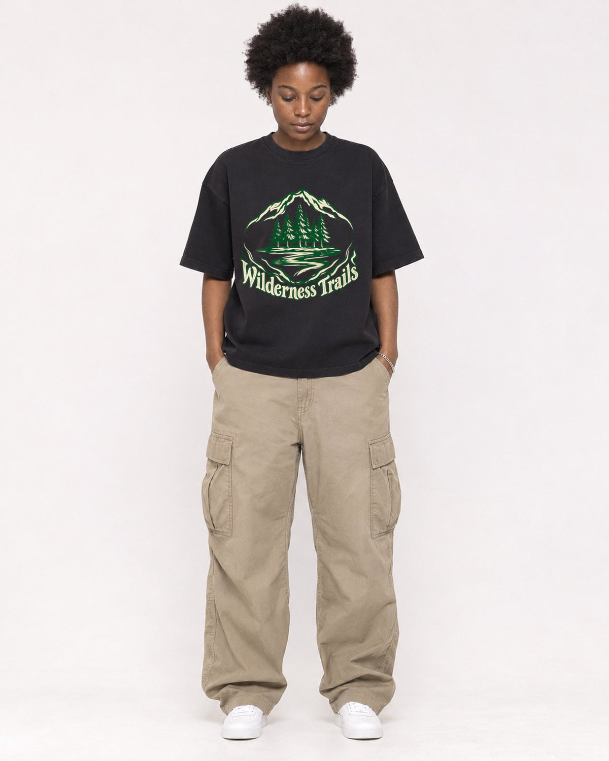 Mockup Boxy Heavyweight Tee Black female full-body 14