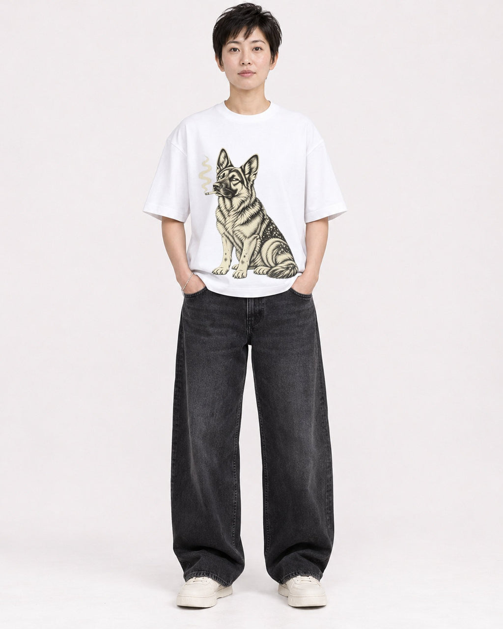 Mockup Boxy Heavyweight Tee White female full-body 23