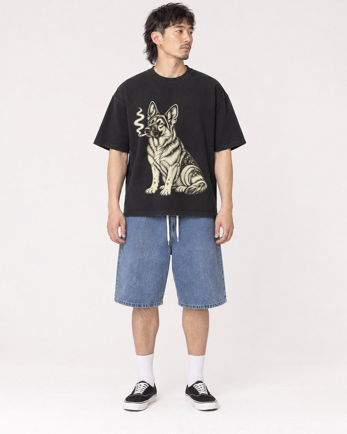 Mockup Boxy Heavyweight Tee Black male full-body 23