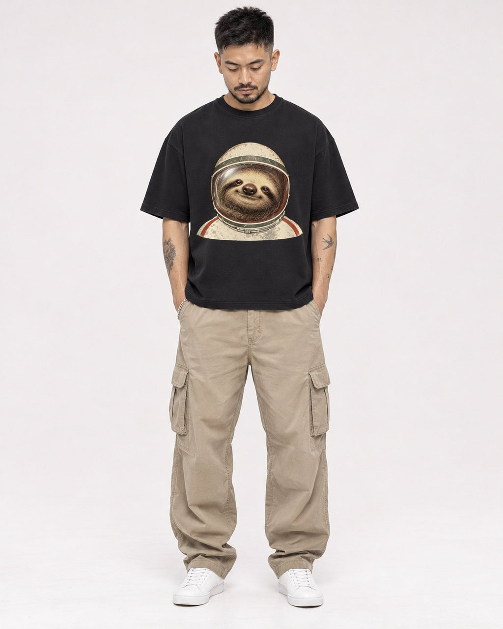 Mockup Boxy Heavyweight Tee Black male full-body 12