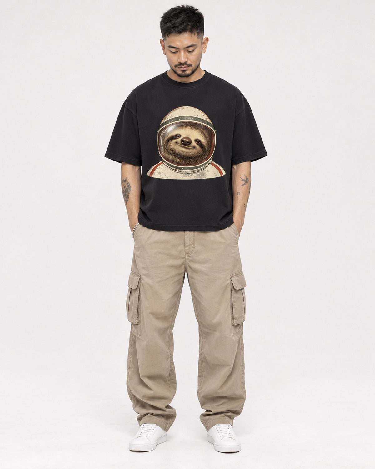 Mockup Boxy Heavyweight Tee Black male full-body 12
