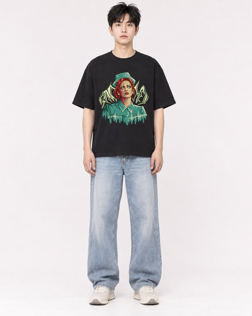Mockup Boxy Heavyweight Tee Black male full-body 01