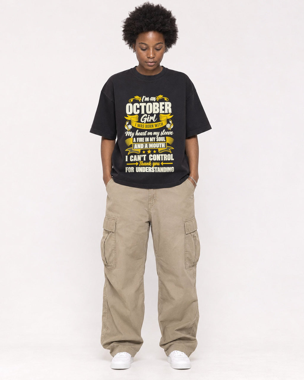 Mockup Boxy Heavyweight Tee Black female full-body 14