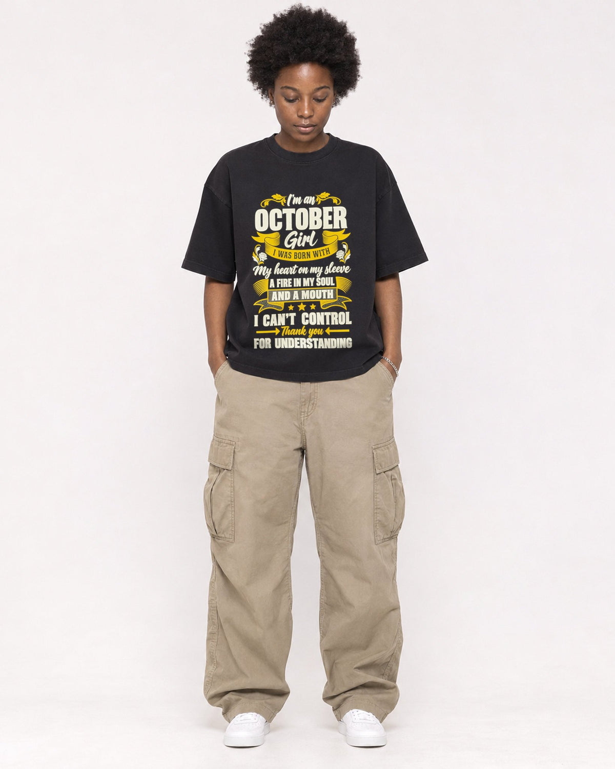 Mockup Boxy Heavyweight Tee Black female full-body 14