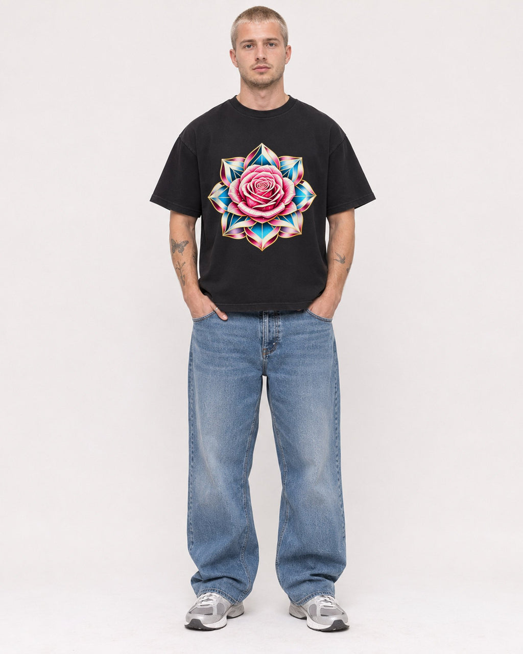 Mockup Boxy Heavyweight Tee Black male full-body 18