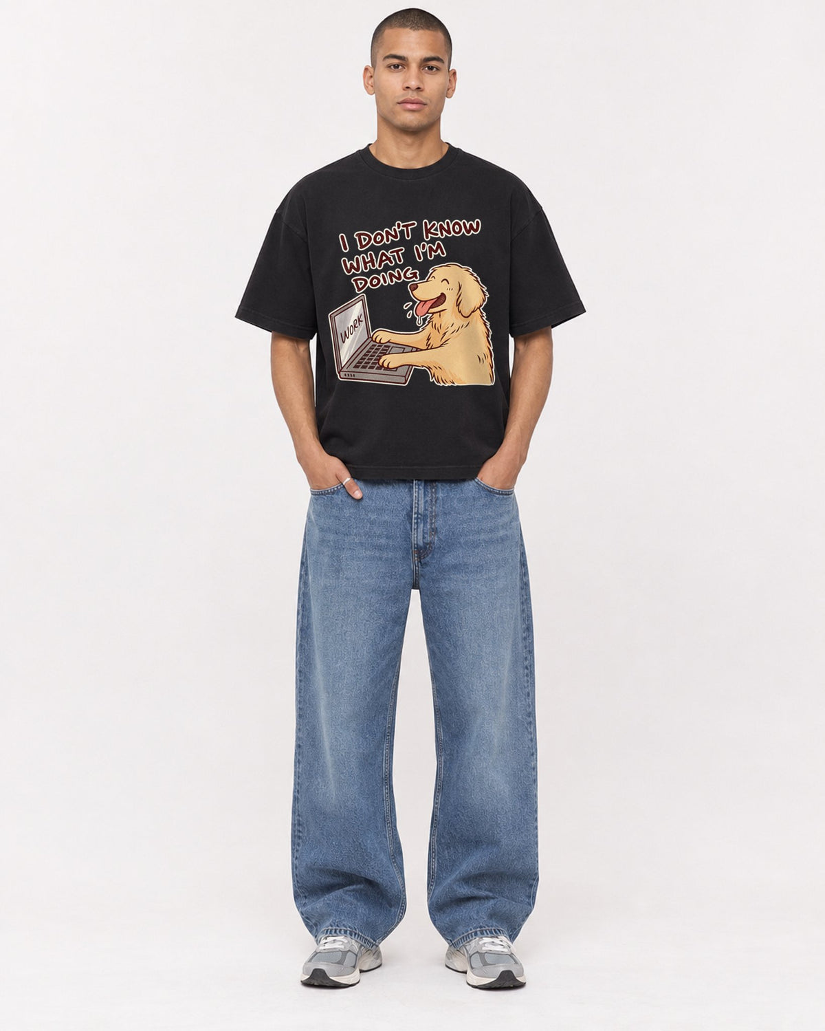 Mockup Boxy Heavyweight Tee Black male full-body 50