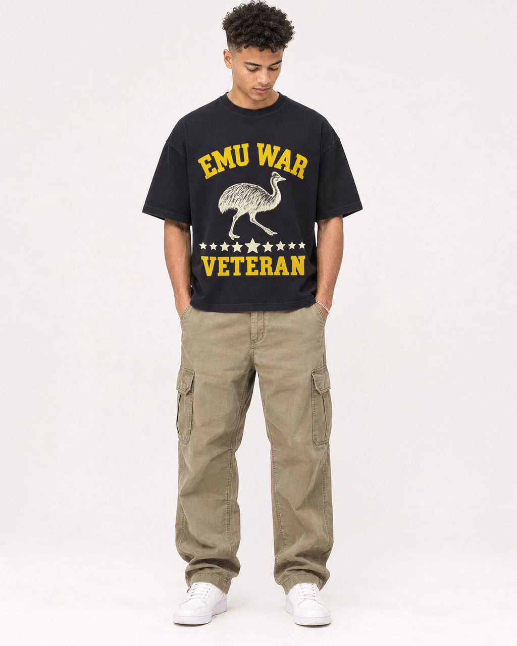 Mockup Boxy Heavyweight Tee Black male full-body 20