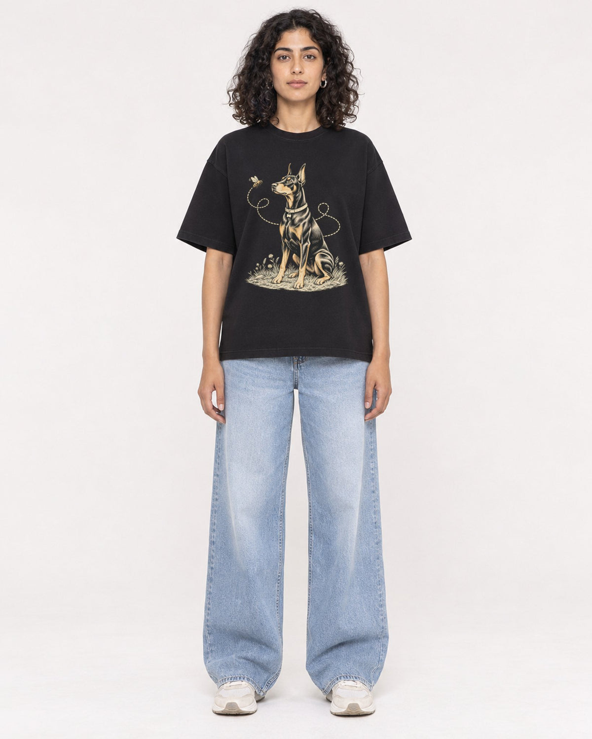 Mockup Boxy Heavyweight Tee Black female full-body 27