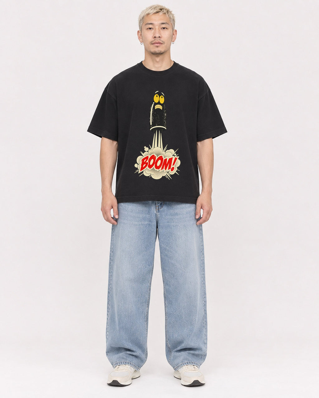 Mockup Boxy Heavyweight Tee Black male full-body 33