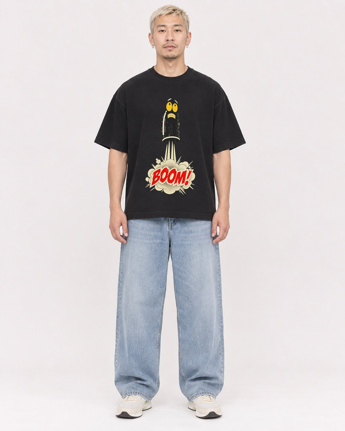Mockup Boxy Heavyweight Tee Black male full-body 33
