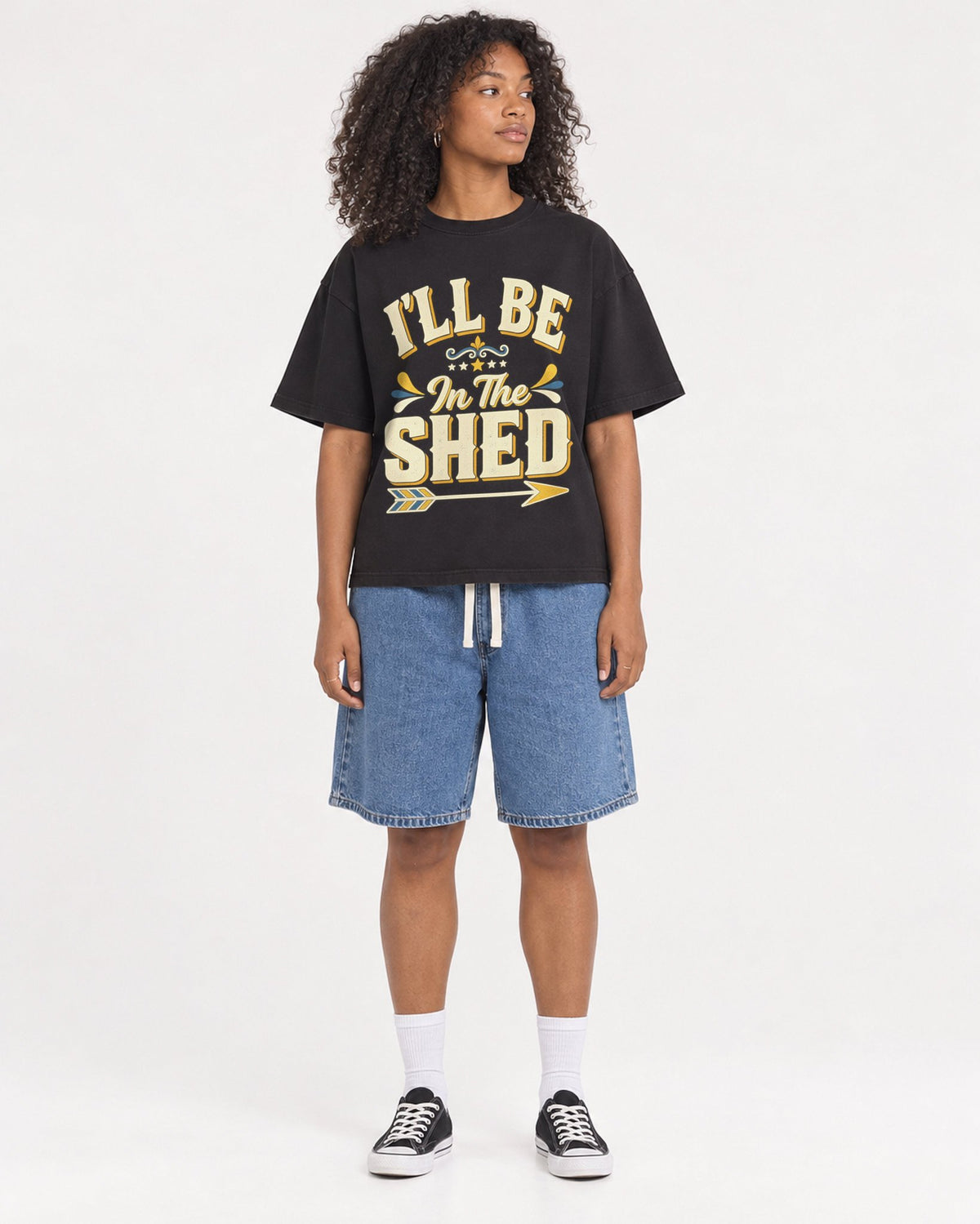 Mockup Boxy Heavyweight Tee Black female full-body 05