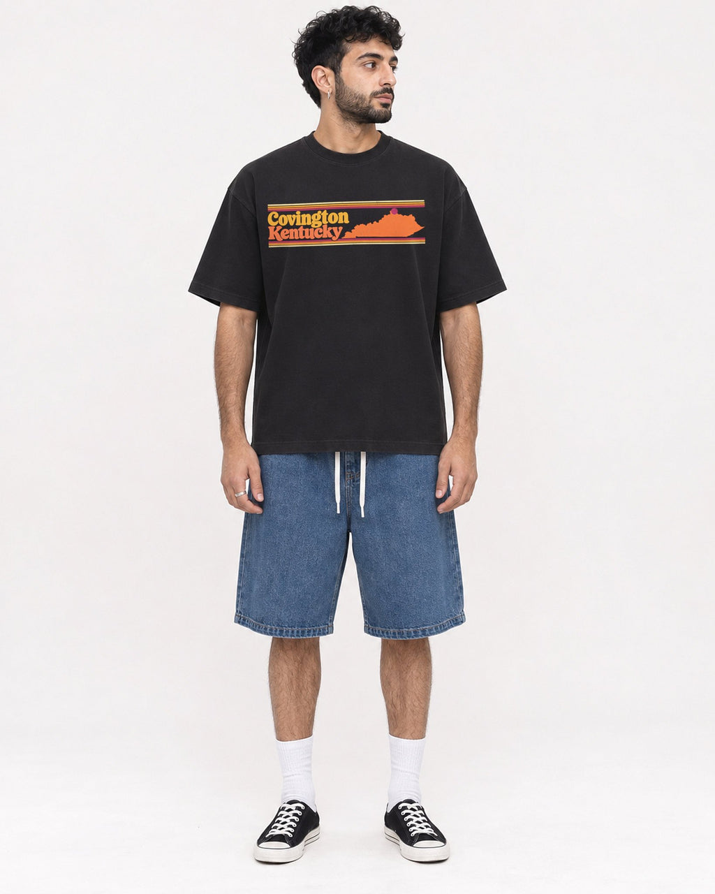 Mockup Boxy Heavyweight Tee Black male full-body 07