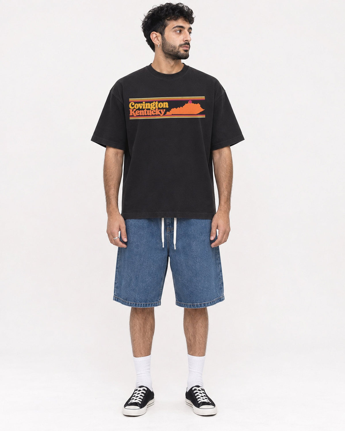 Mockup Boxy Heavyweight Tee Black male full-body 07