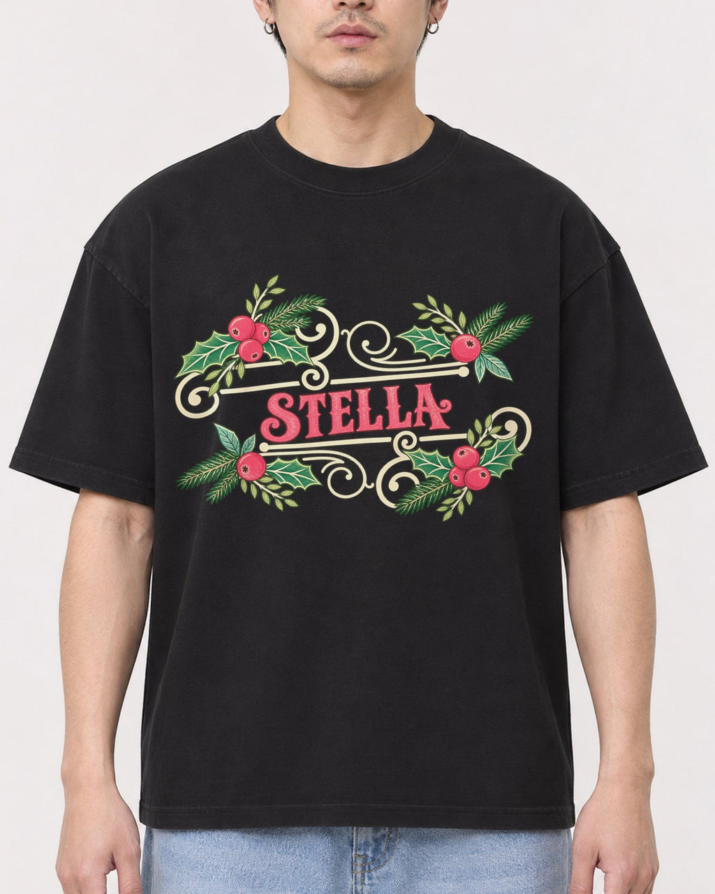 Mockup Boxy Heavyweight Tee Black male close-up 13