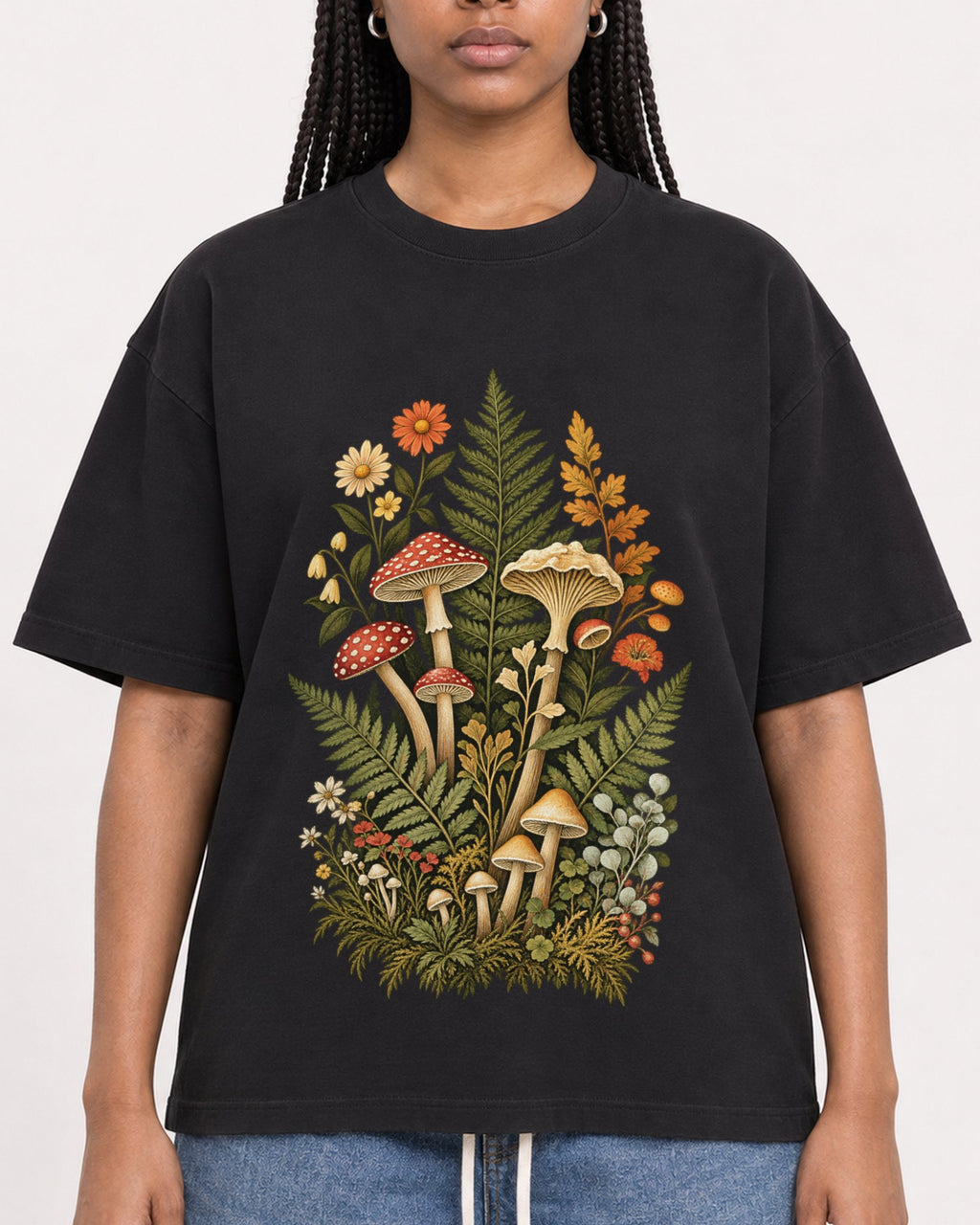 Mockup Boxy Heavyweight Tee Black female close-up 45