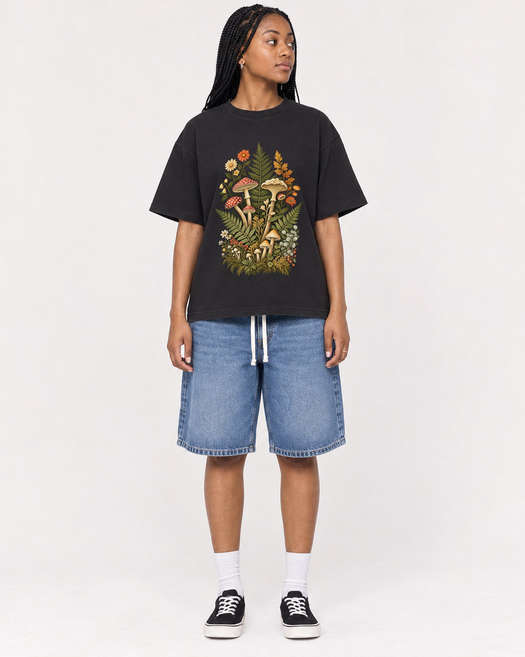 Mockup Boxy Heavyweight Tee Black female full-body 45