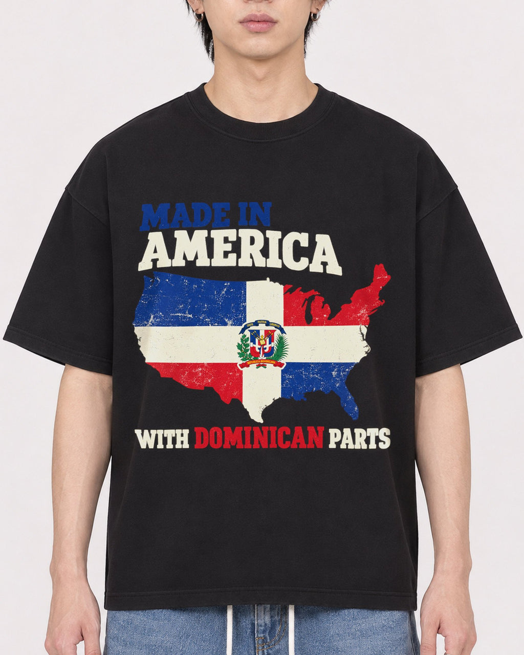 Mockup Boxy Heavyweight Tee Black male close-up 11