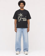 Mockup Boxy Heavyweight Tee Black male full-body 45