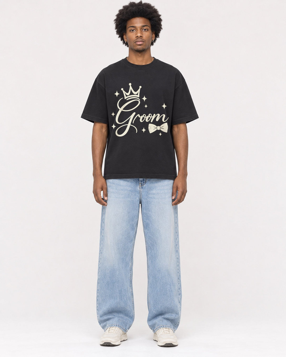 Mockup Boxy Heavyweight Tee Black male full-body 45