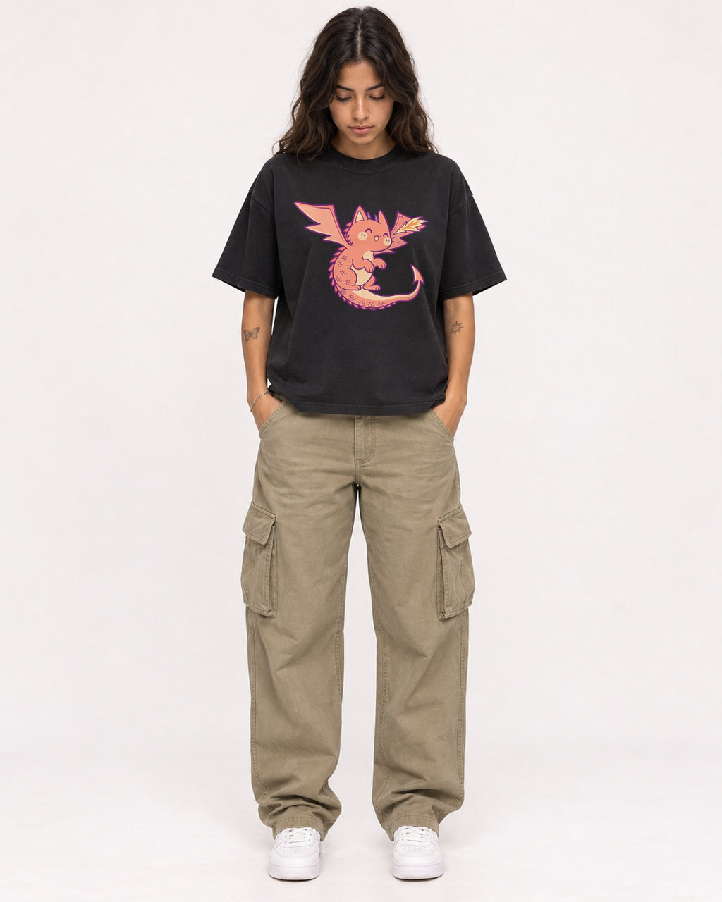 Mockup Boxy Heavyweight Tee Black female full-body 06