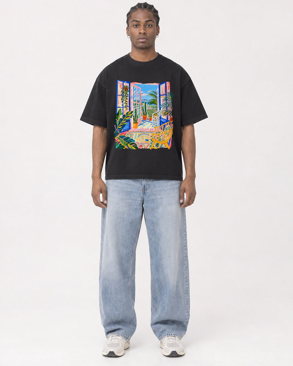 Mockup Boxy Heavyweight Tee Black male full-body 25