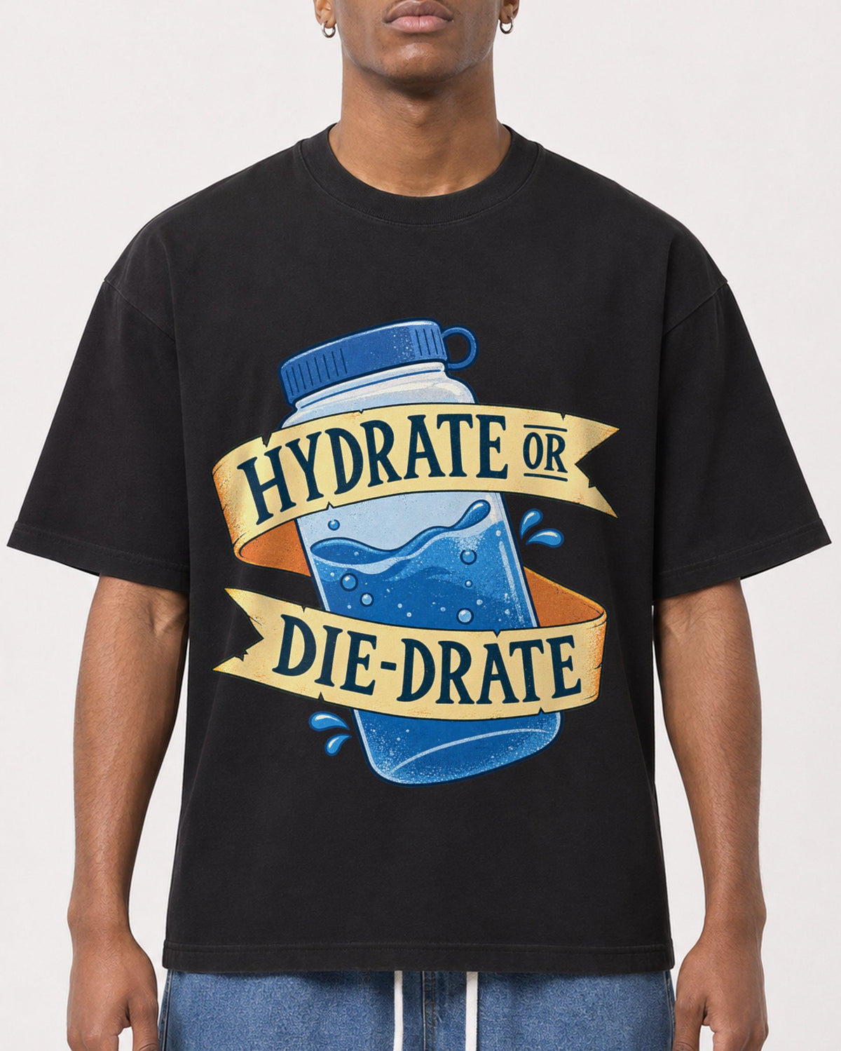 Mockup Boxy Heavyweight Tee Black male close-up 15