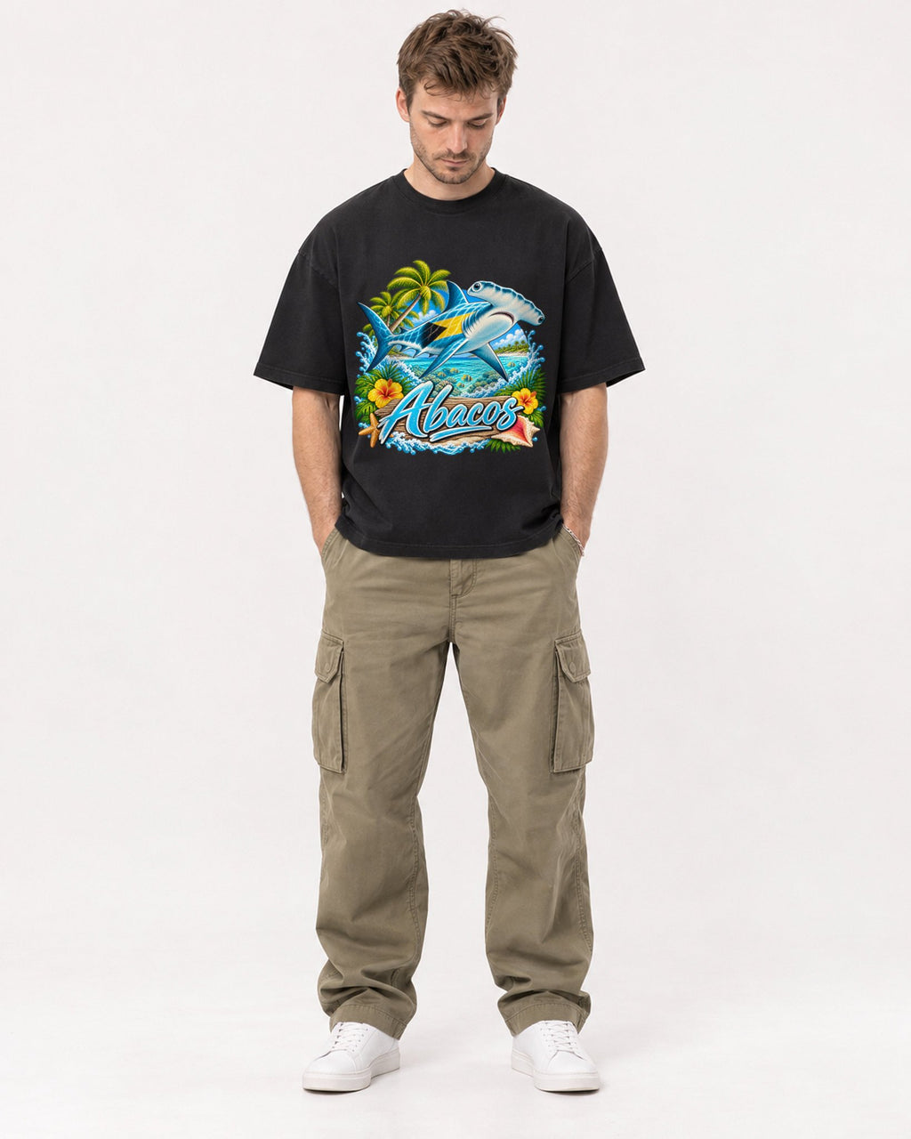 Mockup Boxy Heavyweight Tee Black male full-body 08