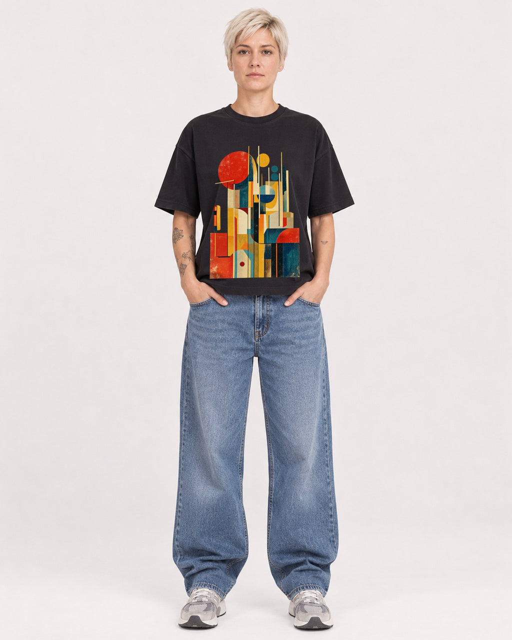 Mockup Boxy Heavyweight Tee Black female full-body 48