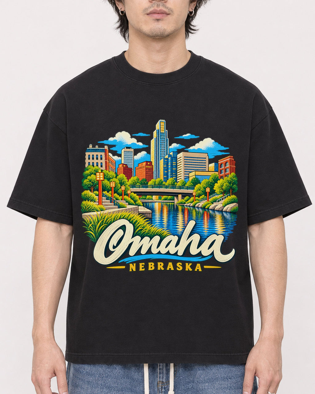 Mockup Boxy Heavyweight Tee Black male close-up 03