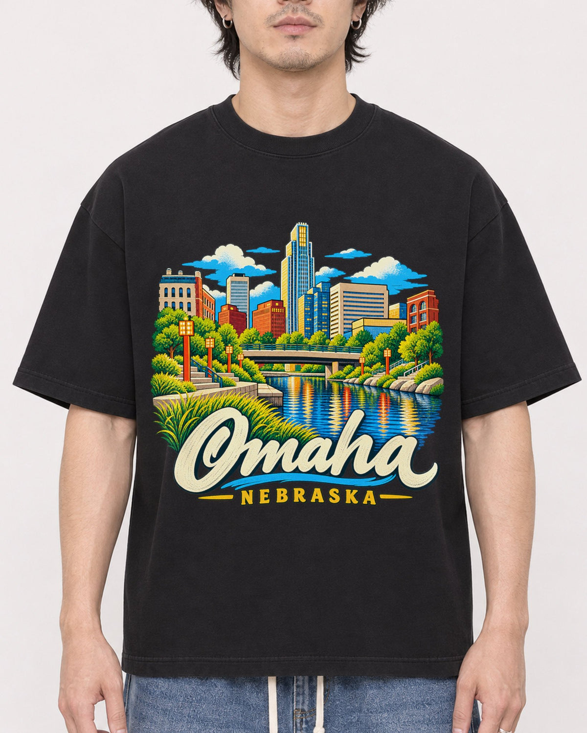 Mockup Boxy Heavyweight Tee Black male close-up 03