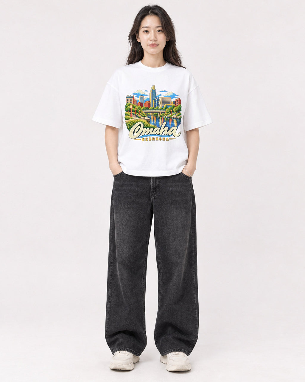 Mockup Boxy Heavyweight Tee White female full-body 03