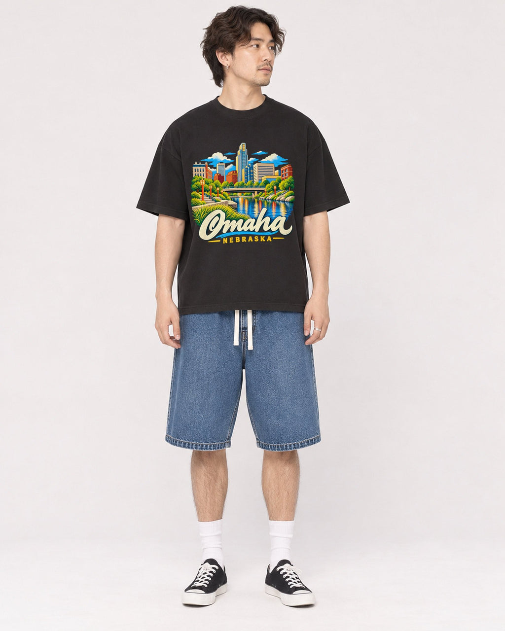 Mockup Boxy Heavyweight Tee Black male full-body 03