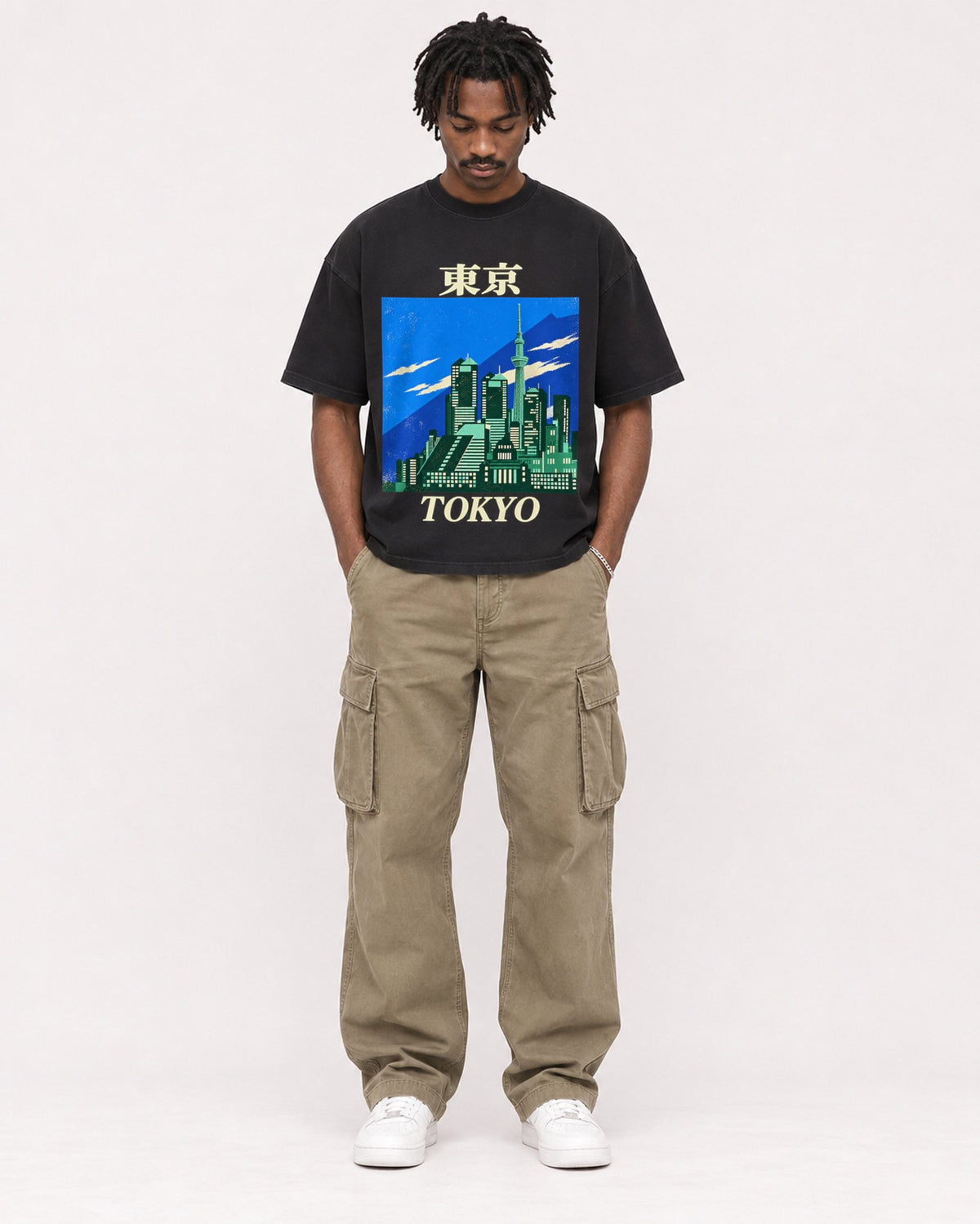 Mockup Boxy Heavyweight Tee Black male full-body 04