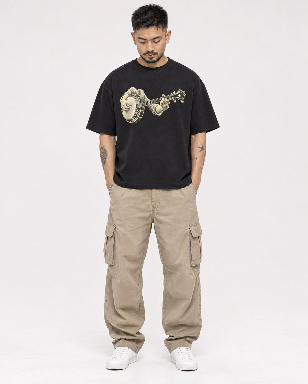 Mockup Boxy Heavyweight Tee Black male full-body 12