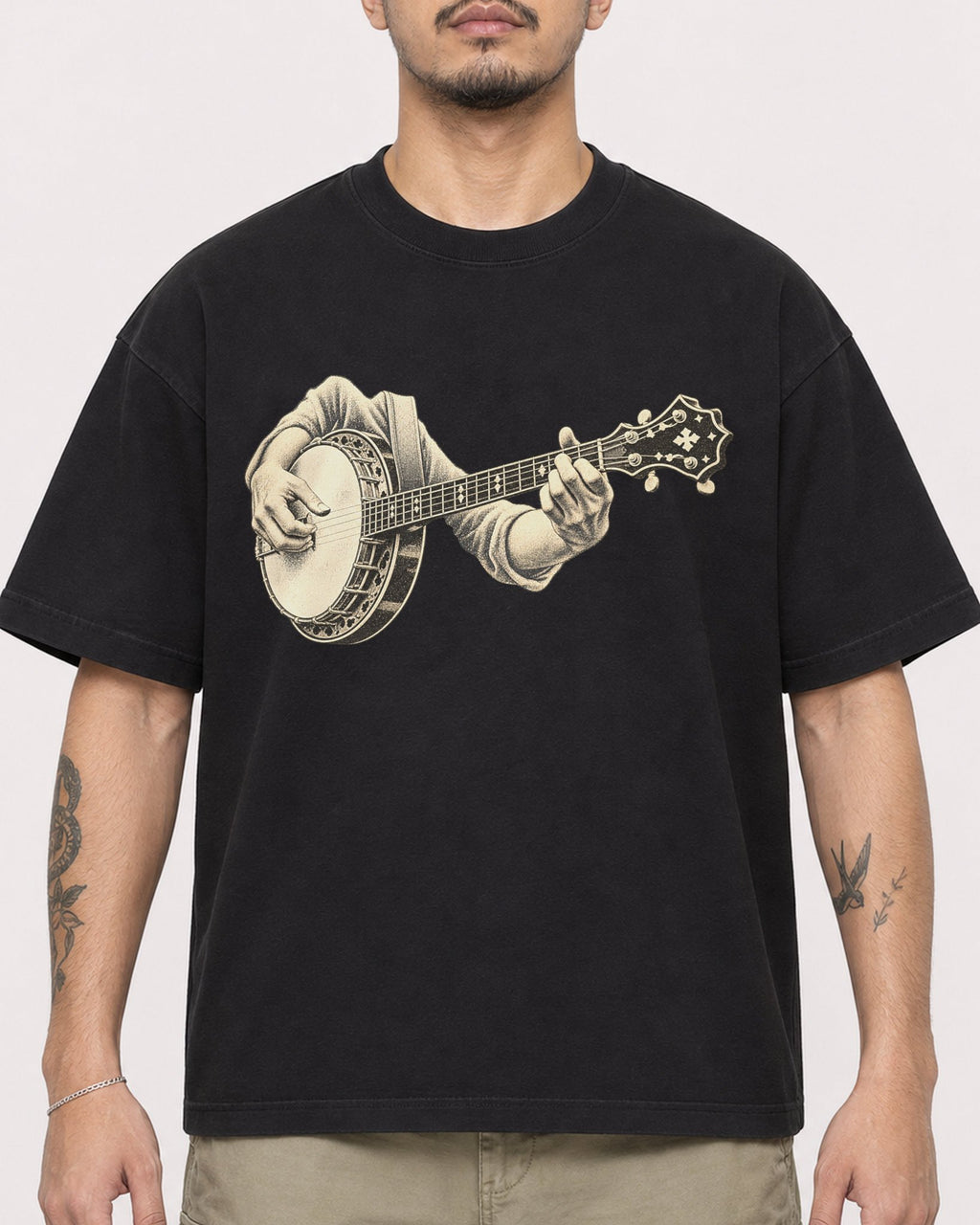 Mockup Boxy Heavyweight Tee Black male close-up 12