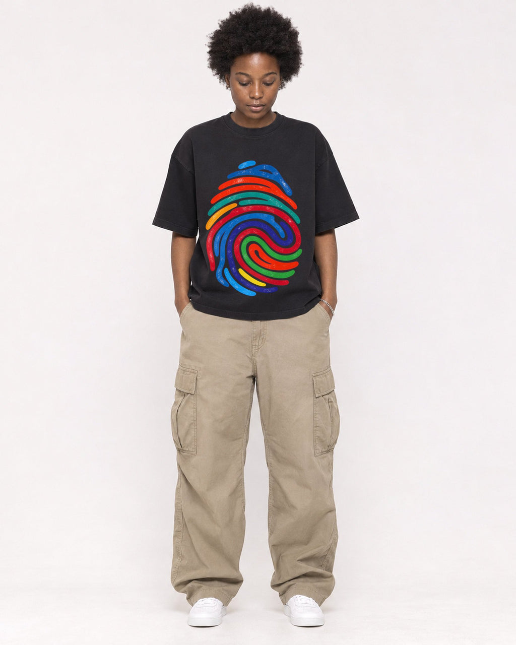 Mockup Boxy Heavyweight Tee Black female full-body 14