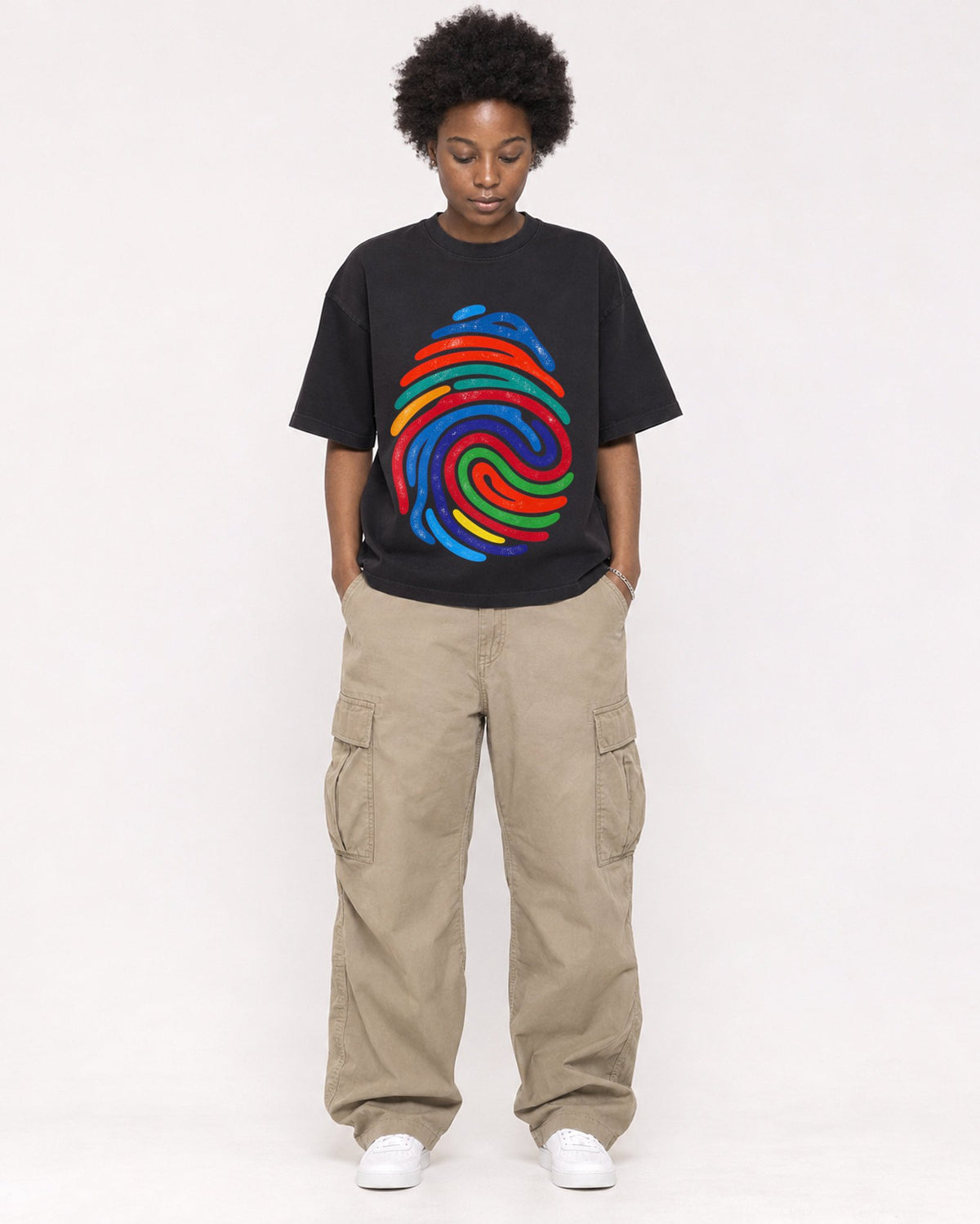Mockup Boxy Heavyweight Tee Black female full-body 14