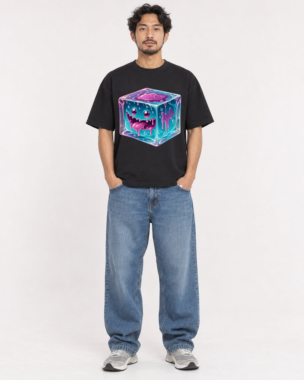 Mockup Boxy Heavyweight Tee Black male full-body 02