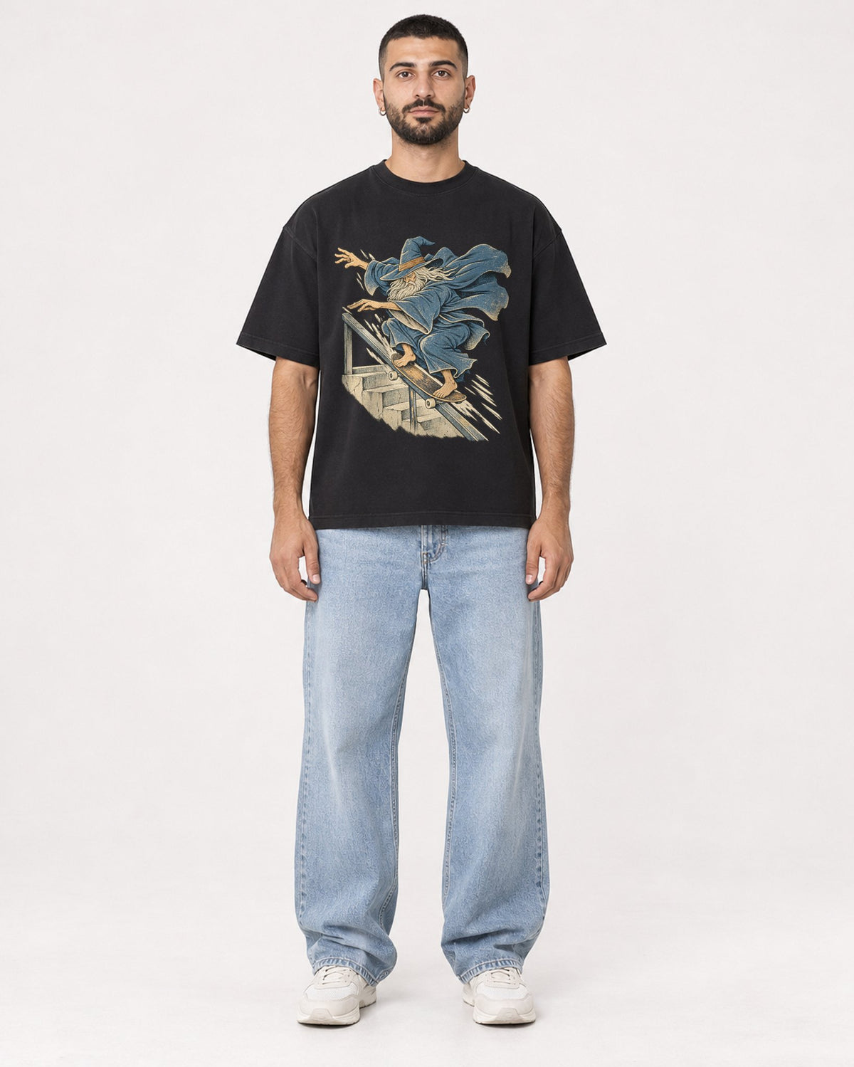 Mockup Boxy Heavyweight Tee Black male full-body 37